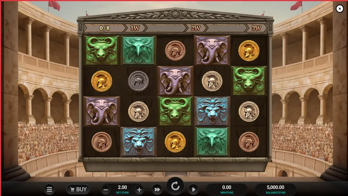 Visual detalhado do slot Arena of Fortune com tema de gladiadores e Coliseu