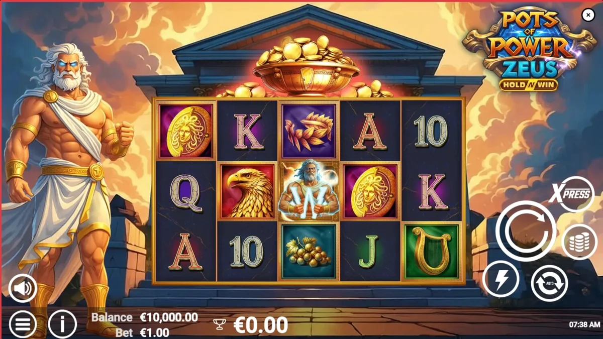 Interface do jogo de slot Pots of Power: Zeus com elementos da mitologia grega