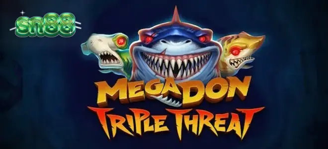 Cenário subaquático do jogo Mega Don Triple Threat com predadores marinhos
